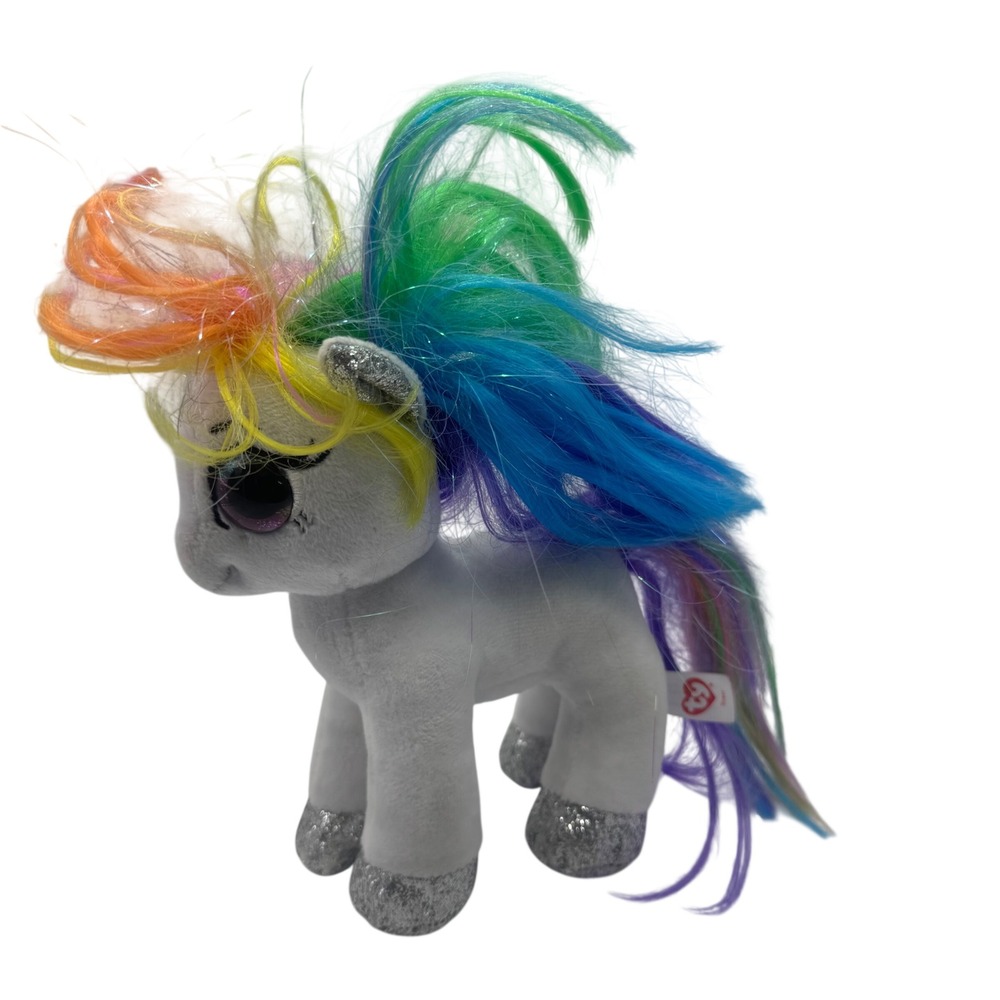 Ty Beanie Boos Starr Unicorn White Rainbow Hair Silver Glitter Plush 2019 8 inch